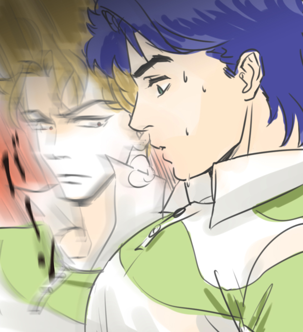 2boys, blonde_hair, breast_envy, bursting_pectorals, collared_shirt, dio_brando, from_side, jojo_no_kimyou_na_bouken