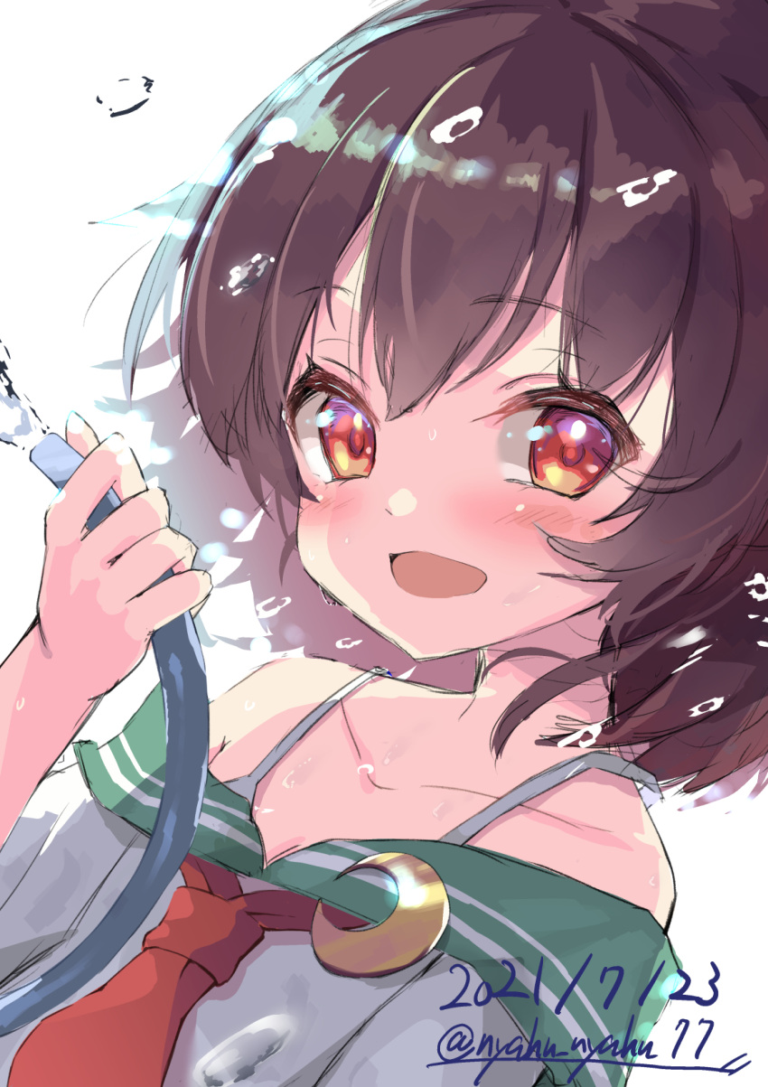 1girl, adapted_costume, blush, brown_hair, collarbone, crescent, crescent_pin, dated