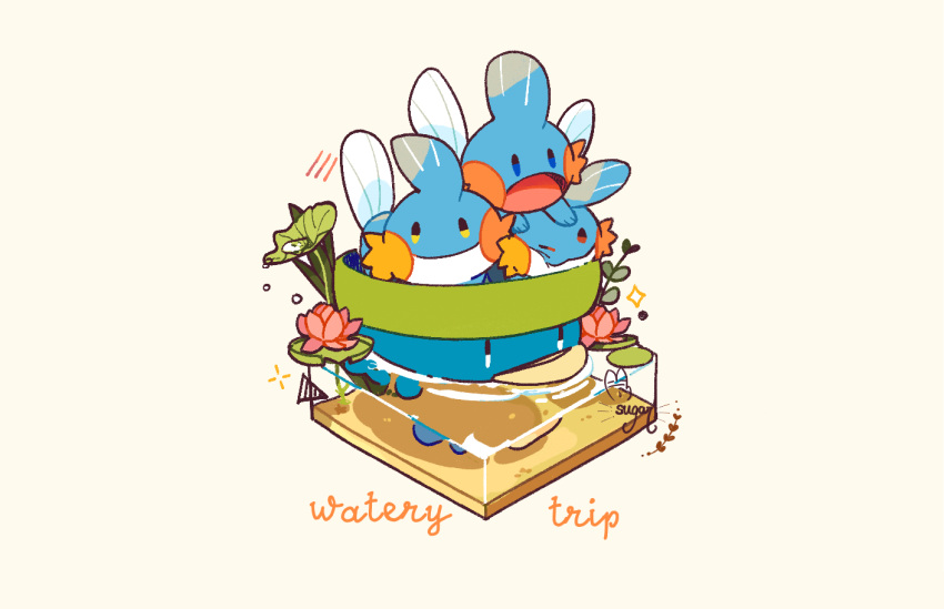 afloat, blue_eyes, commentary, creature, gen_3_pokemon, lily_pad, lotad, mudkip