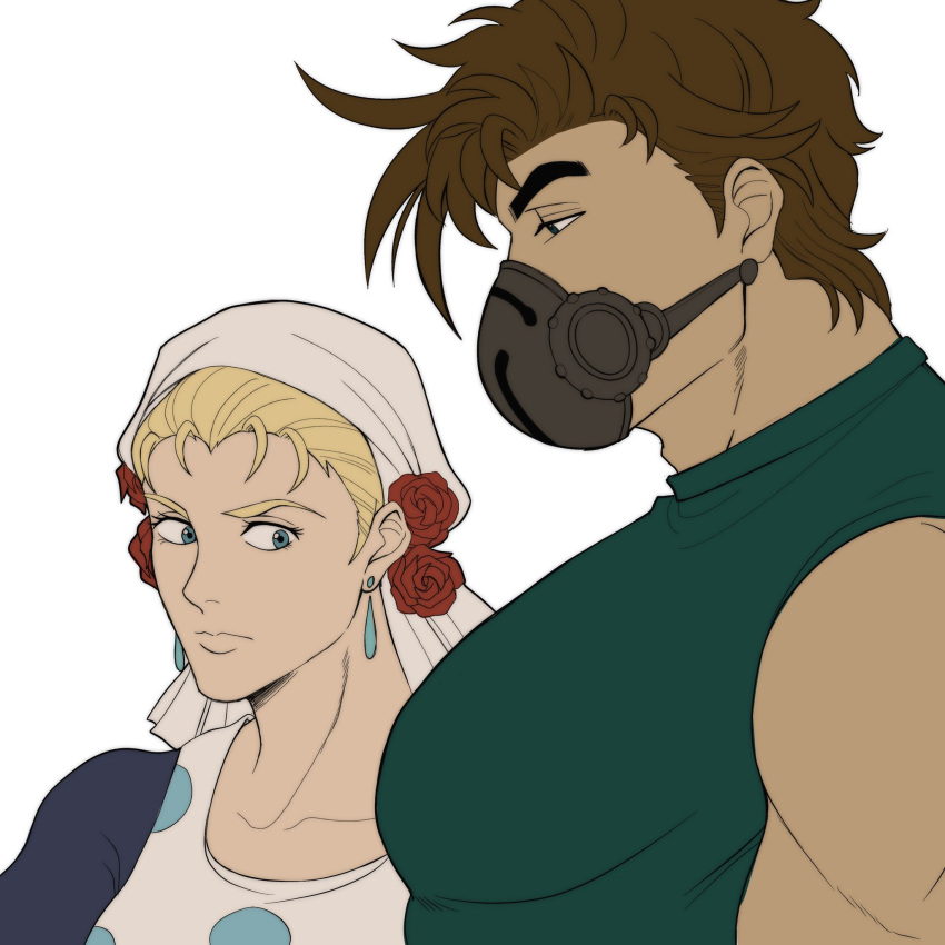 1boy, 1girl, battle_tendency, breast_envy, brown_hair, bursting_pectorals, catneylang, from_side
