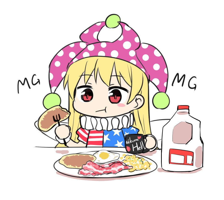 1girl, :t, american_flag_dress, bacon, bangs, blonde_hair, blush_stickers, breakfast