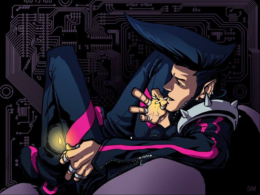 1boy, black_background, black_footwear, black_hair, black_pants, circuit_board, ear_piercing, jewelry