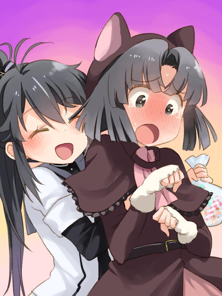 2girls, ahoge, animal_ears, ayanokouji_martial_arts_school_uniform, bag, belt, belt_buckle, black_hair