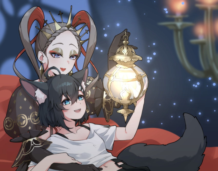 2girls, absurdres, amemachi_hanabi, animal_ear_fluff, animal_ears, bangs, black_legwear, brown_eyeshadow, collarbone, eyeshadow, flat_chest, forehead, hair_behind_ear, highres, holding, holding_lantern, lantern, lap_pillow, long_hair, makeup, multiple_girls, navel, orla_gan_ceann, red_eyeshadow, shirt, short_hair, smile, tail, tiara, tsunderia, twintails, valefal_coneri, virtual_youtuber, white_shirt, wolf_ears, wolf_girl, wolf_tail