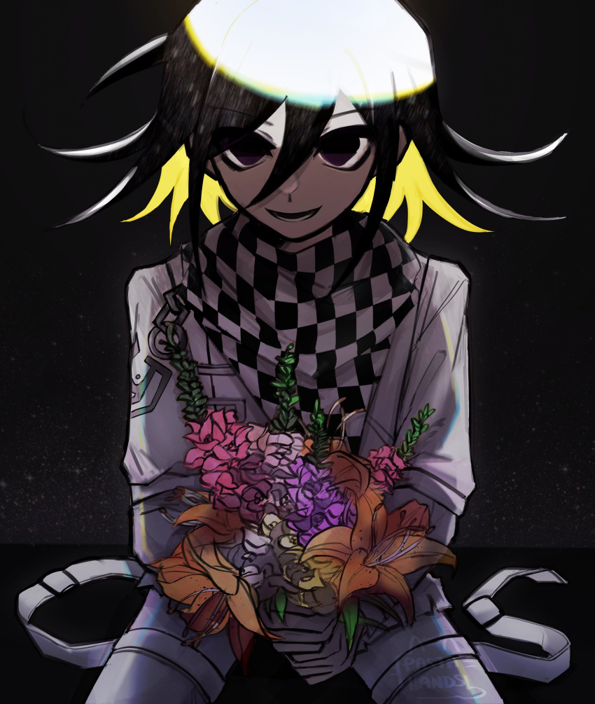 1boy, absurdres, artist_logo, artist_name, bangs, black_background, black_hair, black_scarf, blonde_hair, blue_flower, bouquet, chain, checkered, checkered_neckwear, checkered_scarf, commentary, cowboy_shot, dangan_ronpa_(series), dangan_ronpa_v3:_killing_harmony, eyebrows_visible_through_hair, flower, grey_jacket, grey_pants, hair_between_eyes, highres, holding, holding_flower, jacket, light, long_sleeves, looking_at_viewer, male_focus, multicolored_hair, open_mouth, orange_flower, ouma_kokichi, pants, pastahands, pink_flower, red_flower, scarf, shiny, shiny_hair, sitting, smile, solo, two-tone_hair, white_jacket, white_scarf