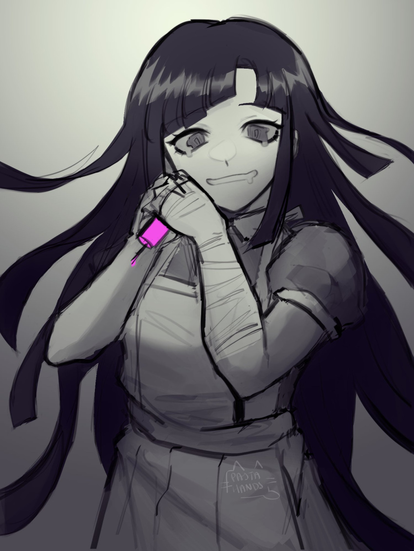1girl, apron, artist_logo, artist_name, bandaged_arm, bandaged_hand, bandages, bangs