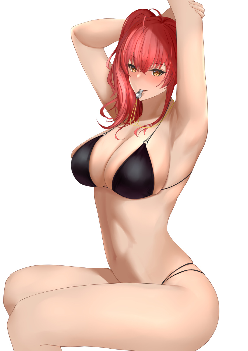 1girl, absurdres, armpits, arms_up, axicoi, azur_lane, bikini, black_bikini, breasts, highleg, highleg_bikini, highres, holding, holding_whistle, large_breasts, looking_at_viewer, multi-strapped_bikini, multiple_straps, o-ring, o-ring_bikini, official_alternate_costume, redhead, side_ponytail, simple_background, sitting, skindentation, solo, swimsuit, whistle, whistle_around_neck, white_background, yellow_eyes, zara_(azur_lane), zara_(poolside_coincidence)_(azur_lane)