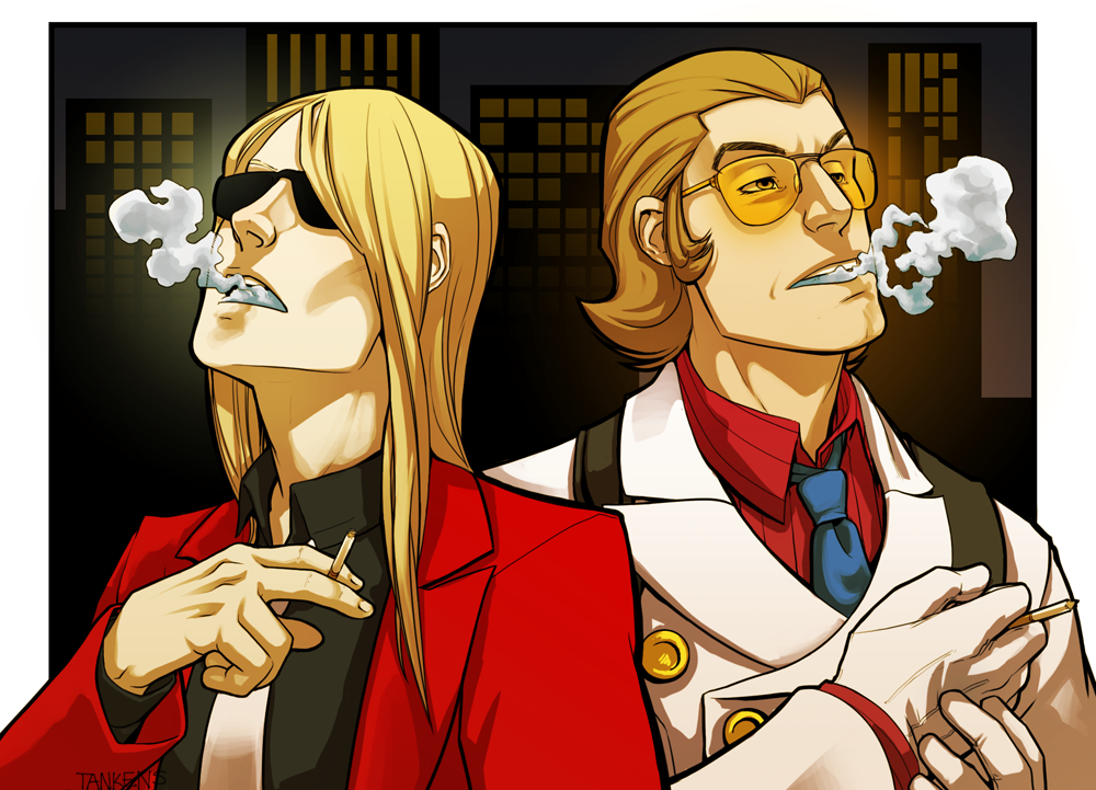 2boys, artist_name, black_shirt, blowing_smoke, blue_neckwear, cigarette, formal, ghost_trick