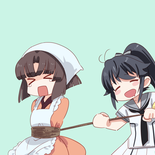 >_<, 2girls, ahoge, apron, ayanokouji_martial_arts_school_uniform, black_hair, blush_stickers, bound
