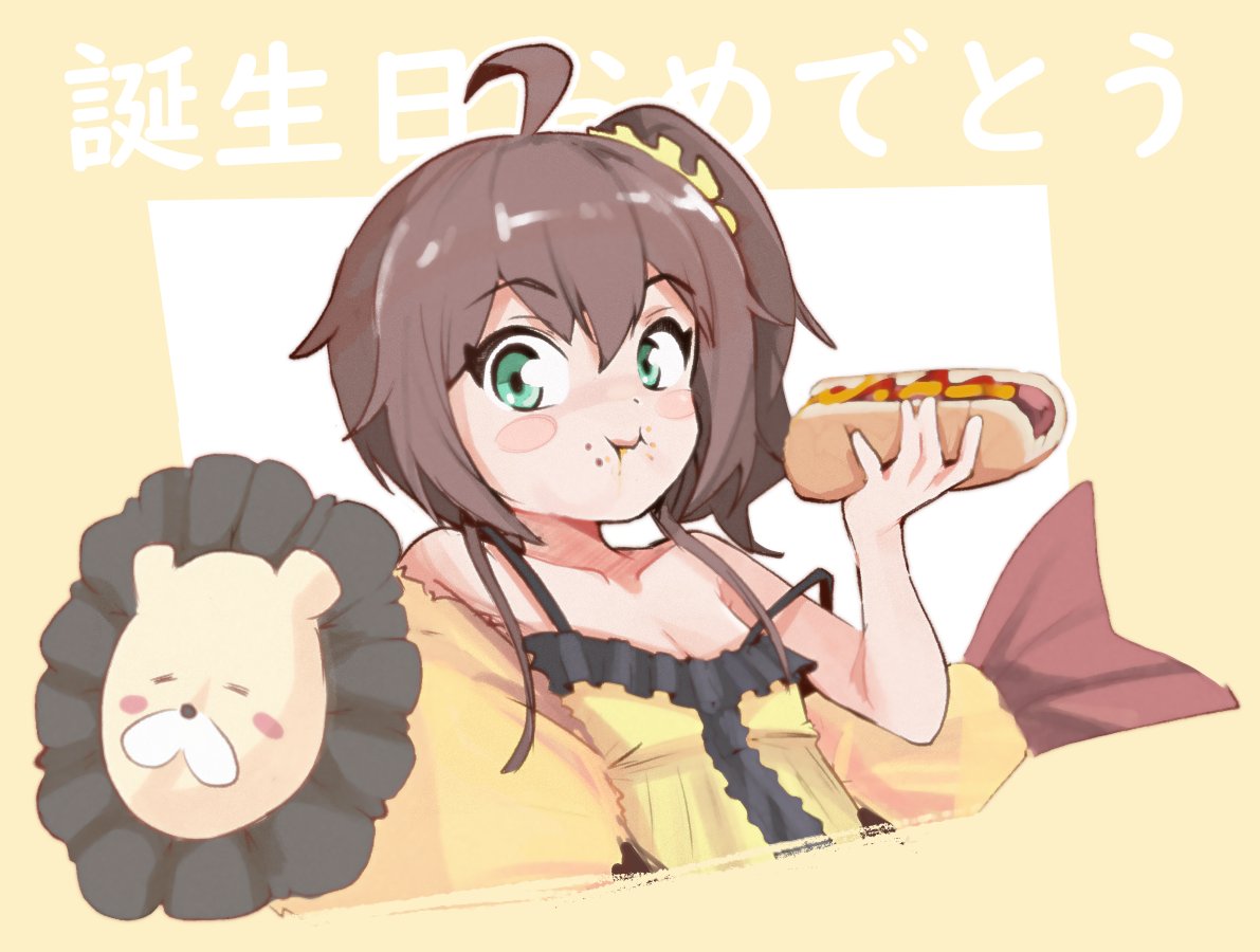 1girl, :i, ahoge, bangs, blush_stickers, brown_hair, collarbone, commentary