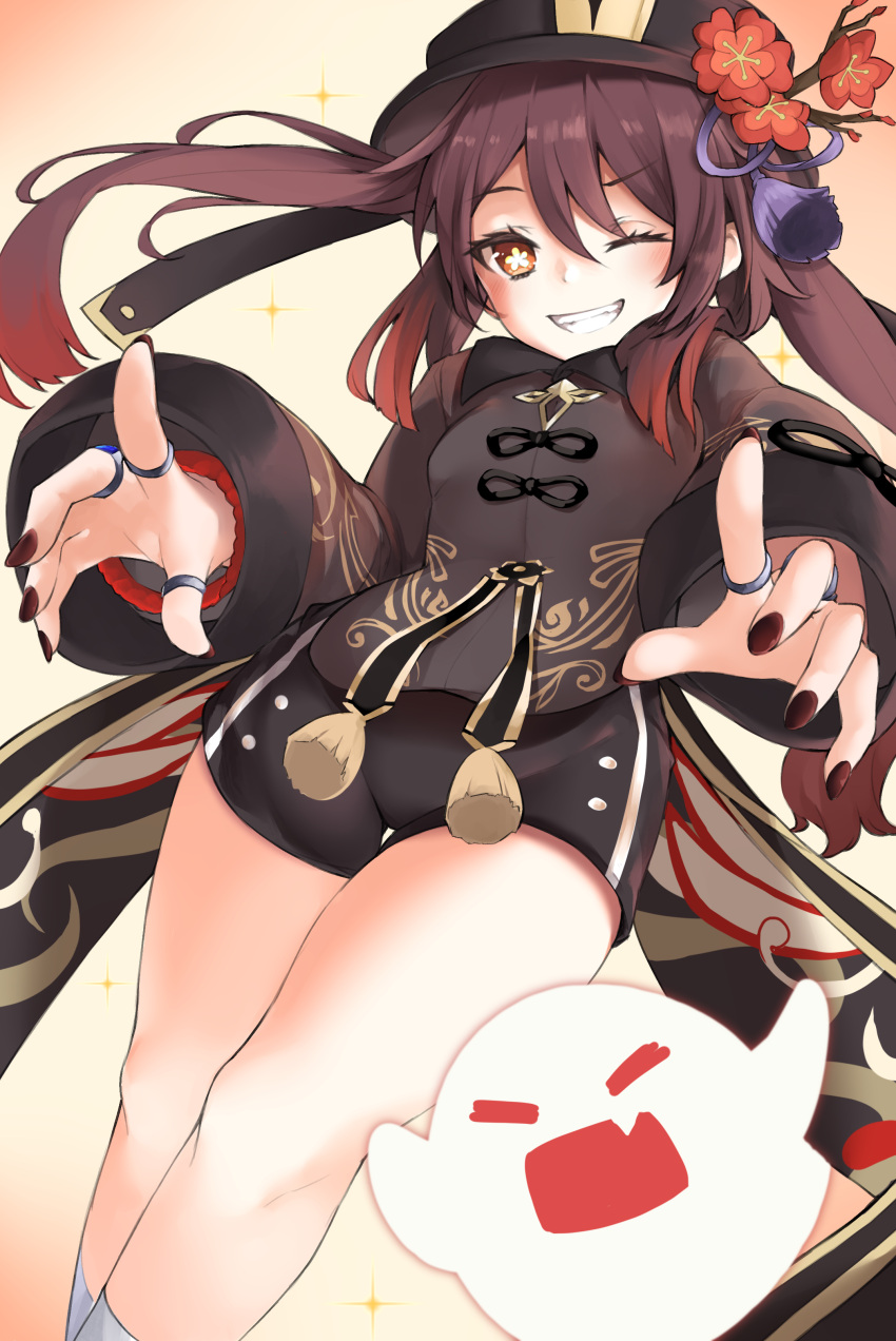 1girl, ;d, absurdres, bangs, black_nails, black_shorts, brown_hair, chinese_clothes