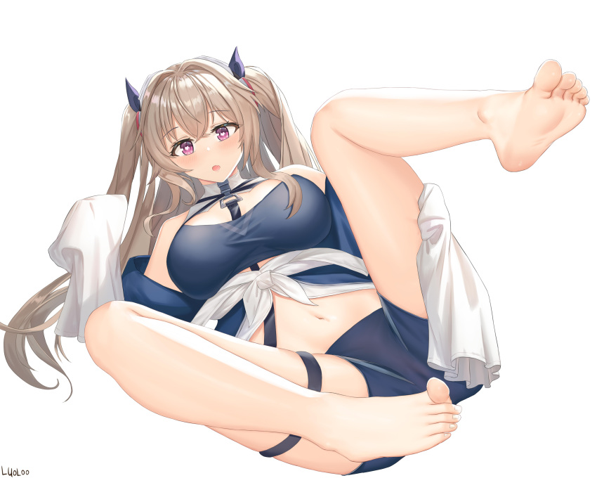 1girl, anchorage_(azur_lane), artist_name, azur_lane, bangs, barefoot, blue_coat, blue_shorts