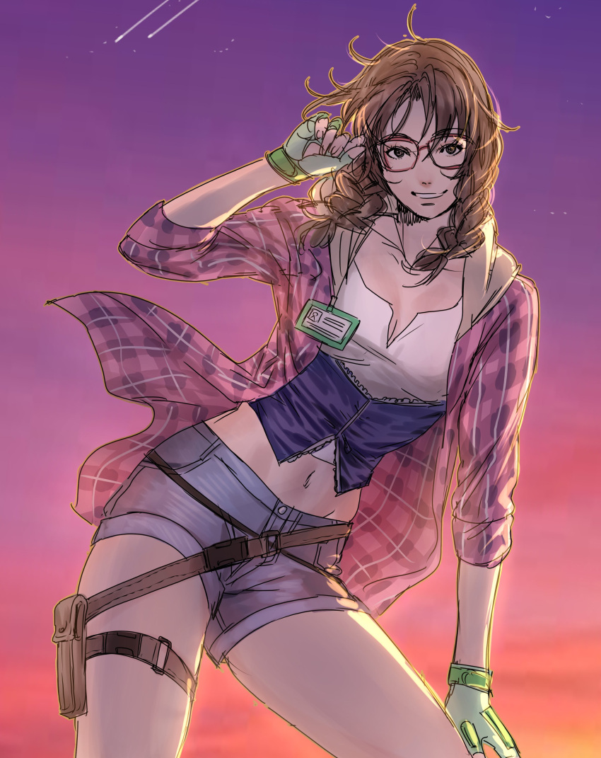 1girl, absurdres, adjusting_eyewear, belt, braid, breasts, brown_eyes, brown_hair