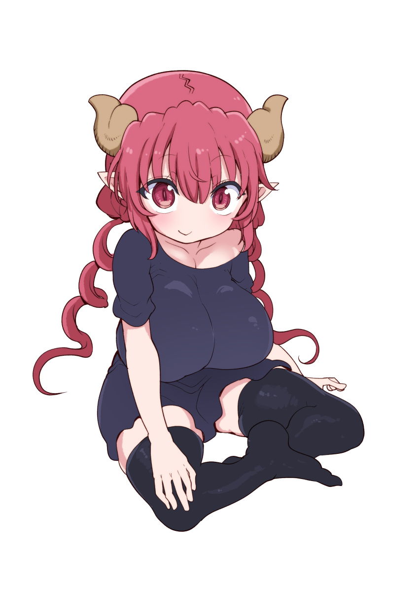 1girl, absurdres, black_legwear, blue_shirt, breasts, closed_mouth, cool-kyou_shinja, dragon_girl