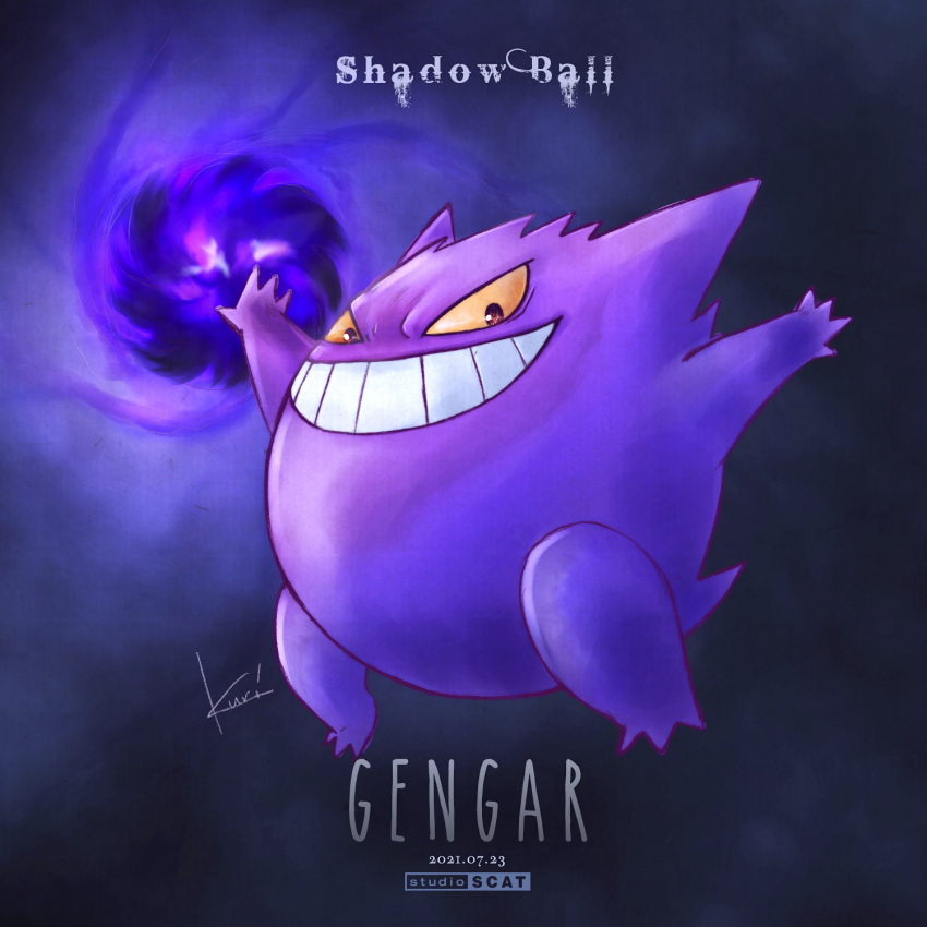 brown_eyes, character_name, colored_sclera, commentary_request, dated, full_body, gen_1_pokemon, gengar, grin, highres, outstretched_arms, pokemon, pokemon_(creature), poponta_(hi-key), shadow_ball_(pokemon), signature, smile, solo, teeth, yellow_sclera