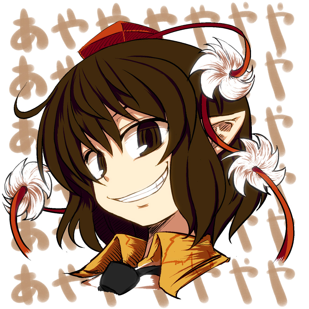 bad_id, grin, hat, nanatsume, pointy_ears, shameimaru_aya, short_hair, smile