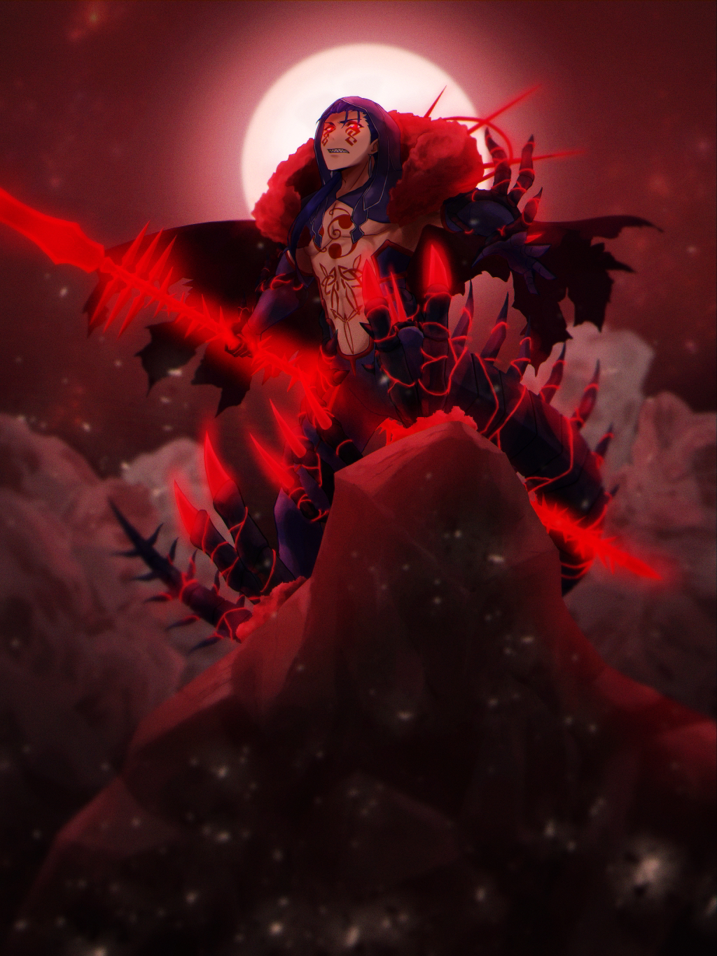 1boy, abs, angry, black_gloves, black_pants, blue_hair, bodypaint, bulge