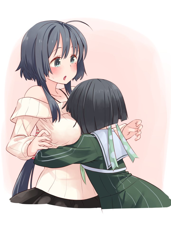 2girls, ahoge, between_breasts, black_hair, blush, breasts, commentary_request, face_between_breasts