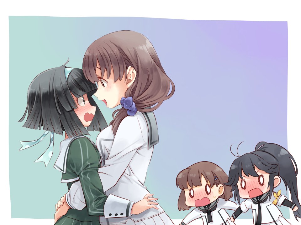0_0, 4girls, ahoge, arms_around_waist, ayanokouji_martial_arts_school_uniform, black_hair, blush, brown_hair