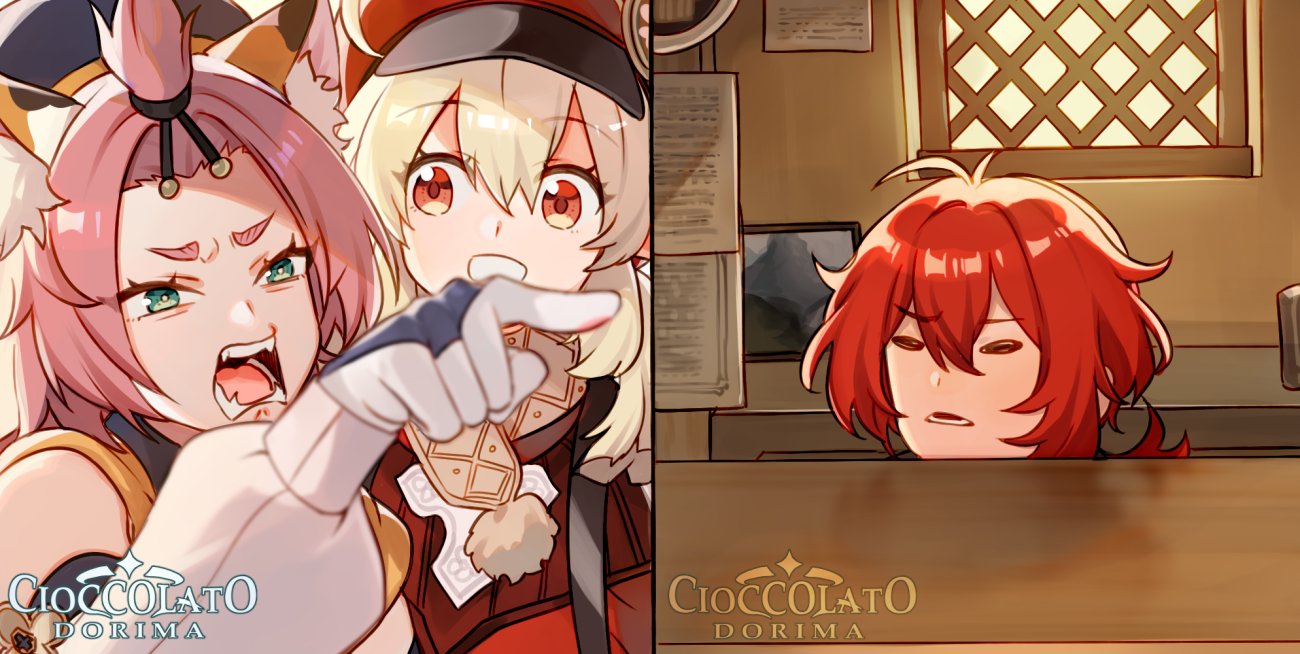 1boy, 2girls, ahoge, animal_ears, artist_name, backpack, bag, bangs