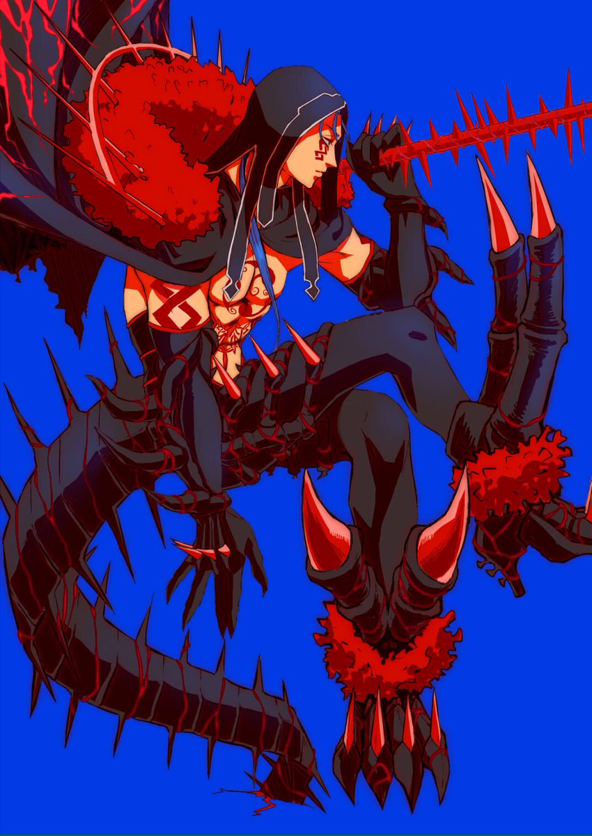 1boy, abs, biceps, black_gloves, black_pants, blue_background, blue_hair, bodypaint, cape, claws, closed_mouth, crossed_legs, cu_chulainn_(fate)_(all), cu_chulainn_alter_(fate/grand_order), dark_blue_hair, dark_persona, detached_hood, elbow_gloves, expressionless, facepaint, fate/grand_order, fate_(series), fur-trimmed_cape, fur_trim, gae_bolg_(fate), gloves, highres, holding, holding_polearm, holding_weapon, hood, hood_up, long_hair, male_focus, monster_boy, muscular, muscular_male, navel, pants, pectorals, polearm, ponytail, red_eyes, shirtless, simple_background, skin_tight, solo, spikes, tail, tikarawaza, weapon