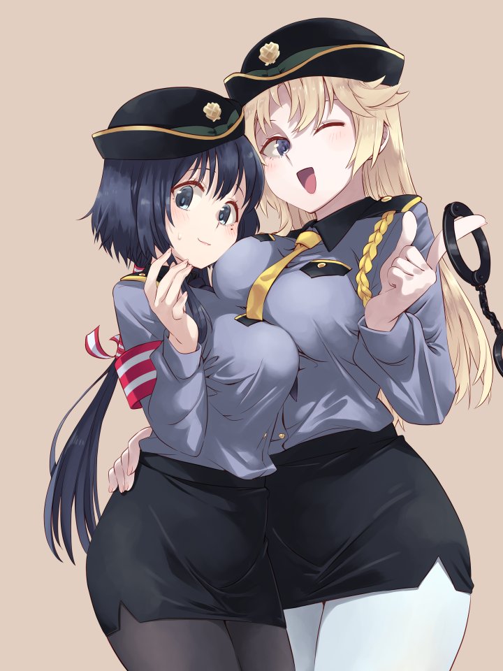 2girls, aiguillette, armband, asymmetrical_docking, black_hair, black_legwear, blonde_hair, breast_press