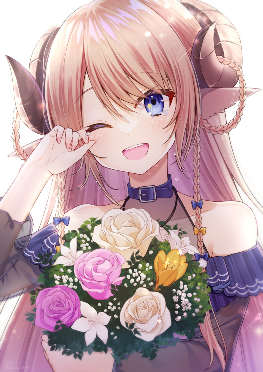 1girl, :d, animal_ears, bangs, bare_shoulders, blonde_hair, blue_bow, blue_choker