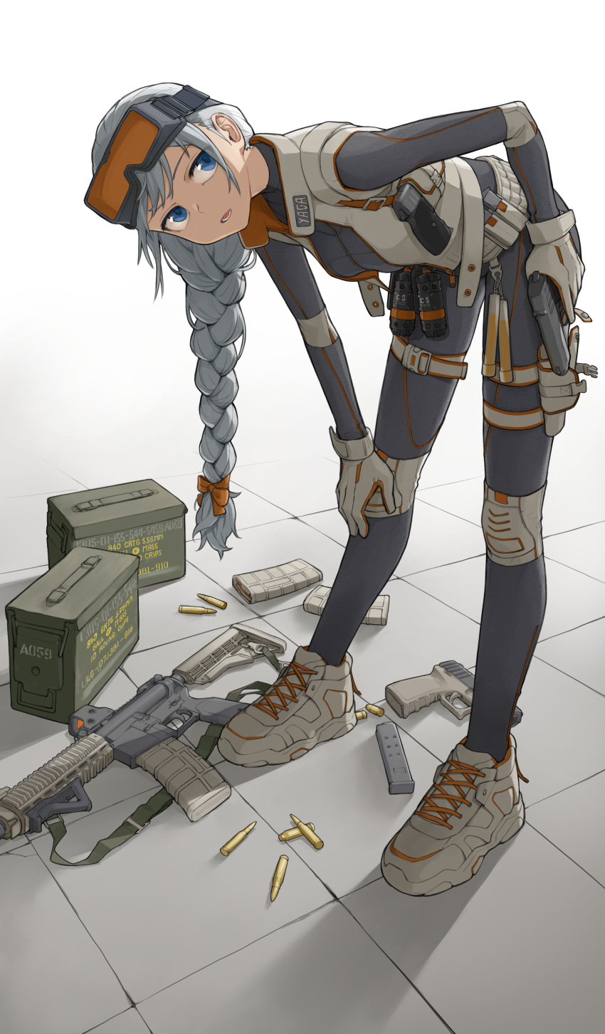 1girl, absurdres, ammunition_box, assault_rifle, belt, belt_pouch, bent_over, blue_eyes