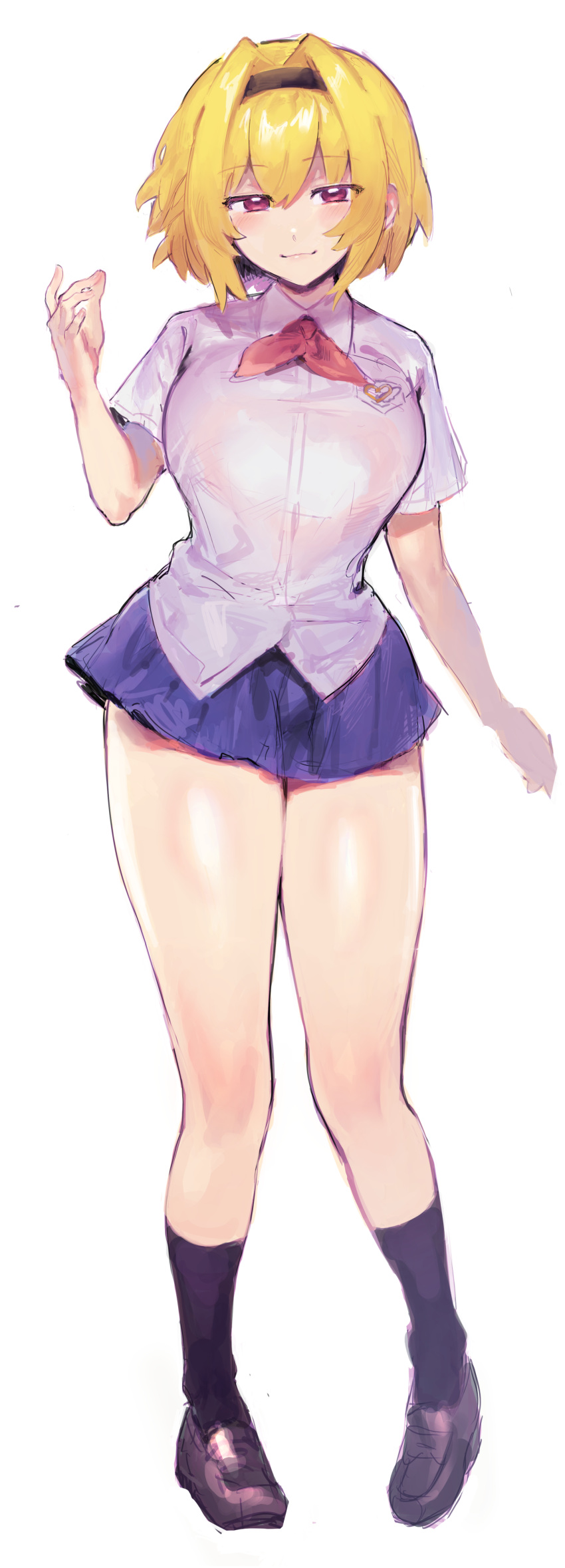 1girl, absurdres, black_legwear, blonde_hair, blue_skirt, breasts, collared_shirt, highres