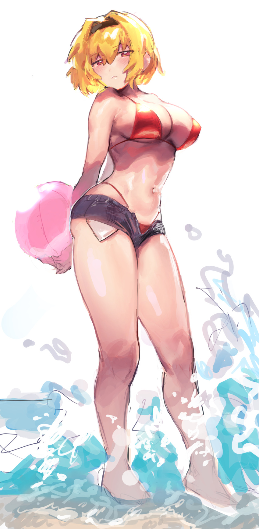 absurdres, bikini, blonde_hair, from_side, full_body, hairband, highleg, highleg_bikini, highres, higurashi_no_naku_koro_ni, houjou_satoko, looking_at_viewer, looking_to_the_side, motida_(motidamtmt), navel, no_shirt, red_bikini, short_shorts, shorts, swimsuit, wading, white_background