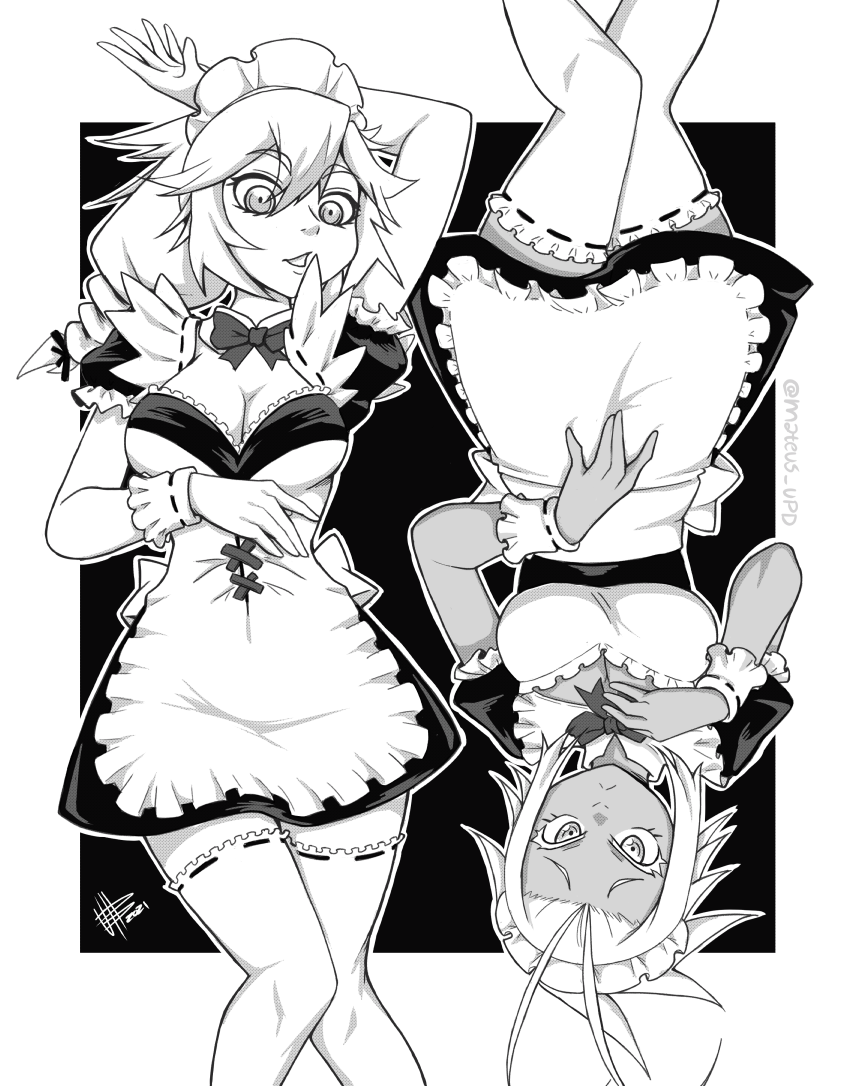 2girls, black_skin, blonde_hair, colored_skin, general_san, gg-chan, greyscale, looking_at_viewer