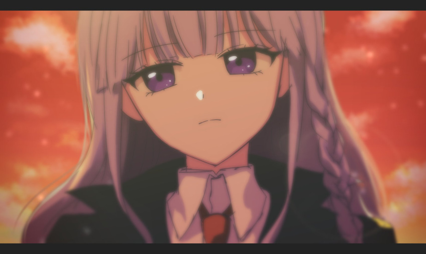1girl, bangs, black_jacket, blurry, braid, collared_shirt, dangan_ronpa:_trigger_happy_havoc, dangan_ronpa_(series), depth_of_field, eyebrows_visible_through_hair, frown, highres, jacket, kirigiri_kyouko, letterboxed, long_hair, looking_at_viewer, necktie, porary, portrait, purple_hair, red_background, sad, shirt, side_braid, solo, violet_eyes, white_shirt