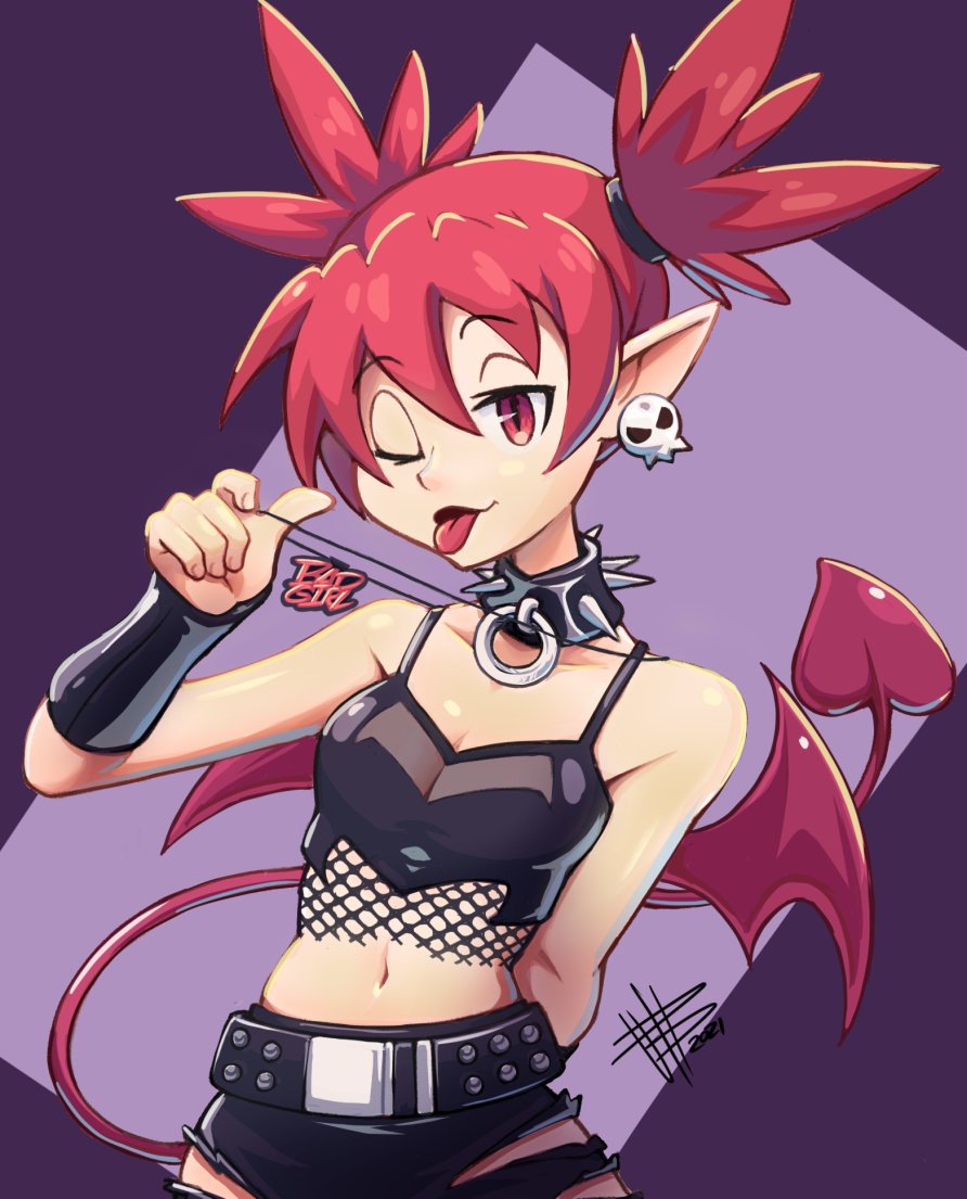 1girl, arm_behind_back, bat_wings, disgaea, etna, jewelry, leather, mateus_upd