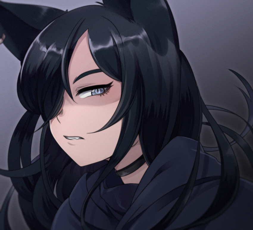 1girl, animal_ears, black_hair, choker, clenched_teeth, dog_ears, earrings, eyeliner