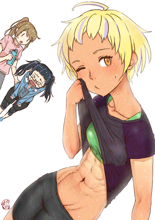 3girls, =3, @_@, abs, bare_arms, bike_shorts, black_hair, blonde_hair