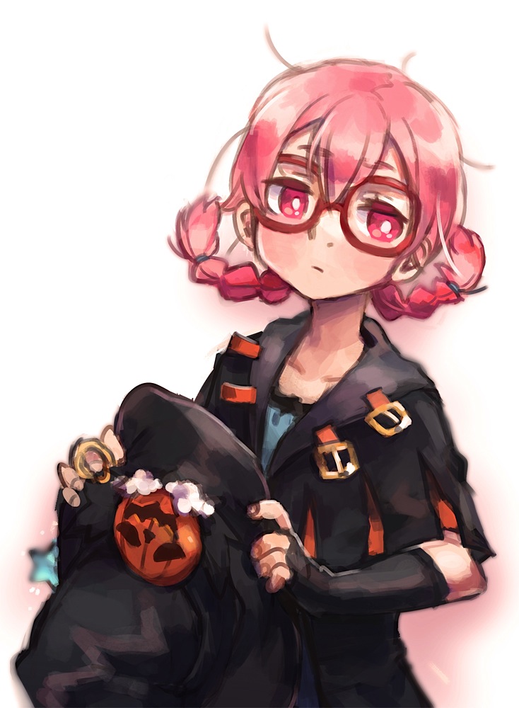 1girl, black_headwear, bright_pupils, chloe_de_gervaise, ezroseven, food-themed_hair_ornament, glasses, hair_ornament, hat, hat_removed, headwear_removed, holding, holding_clothes, holding_hat, pink_eyes, pink_hair, pumpkin_hair_ornament, sekaiju_no_meikyuu, shin_sekaiju_no_meikyuu_2, simple_background, solo, twintails, upper_body, white_background, white_pupils, witch_hat