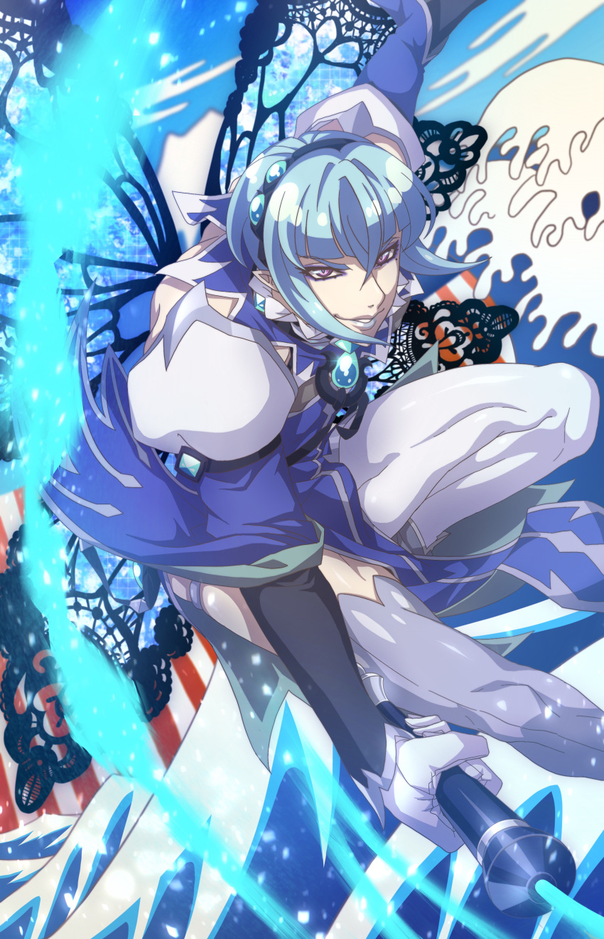 1boy, absurdres, blue_hair, brooch, fairy_ranmaru:anata_no_kokoro_otasuke_shimasu, fairy_wings, foot_out_of_frame, hairband, highres, holding, holding_whip, ikenie18, jewelry, looking_at_viewer, male_focus, seiren_uruu, short_hair, sidelocks, solo, violet_eyes, water, waving, whip, wings