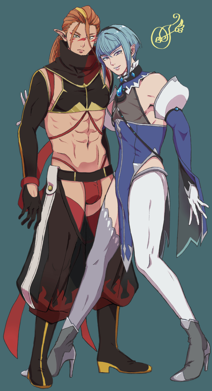 2boys, abs, black_gloves, blonde_hair, blue_hair, brooch, elbow_gloves, emo_(arma_dili_dium), eyeshadow, facial_mark, fairy_ranmaru:anata_no_kokoro_otasuke_shimasu, gloves, high_heels, highres, hoterase_homura, jewelry, logo, long_hair, looking_at_viewer, makeup, midriff, mole, mole_under_eye, multicolored_hair, multiple_boys, navel, orange_hair, pointy_ears, seiren_uruu, short_hair, simple_background, smile, standing, streaked_hair, toned, toned_male, very_long_hair, white_gloves, white_legwear
