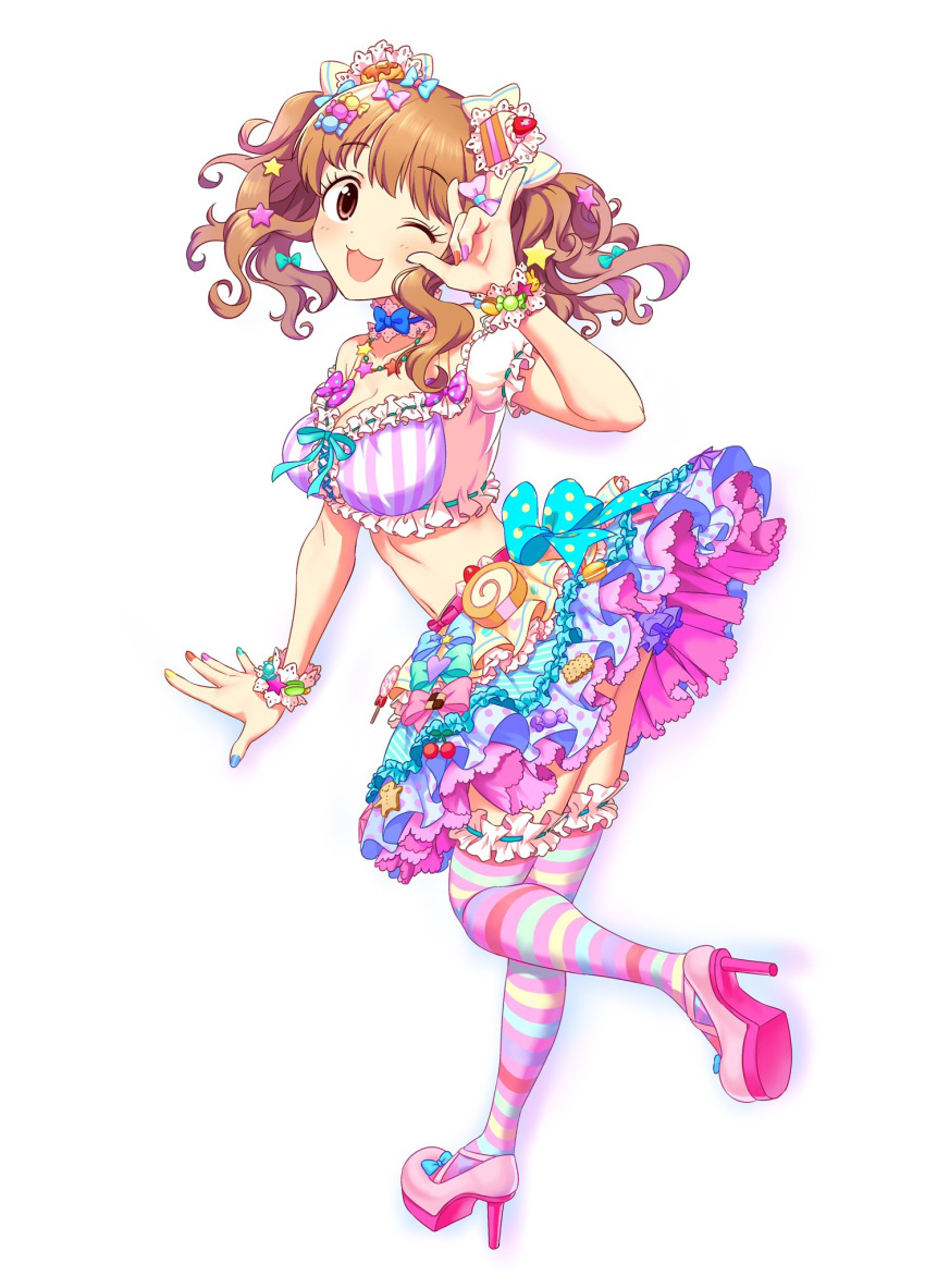 1girl, :3, bikini, brown_eyes, brown_hair, candy, candy_hair_ornament, food