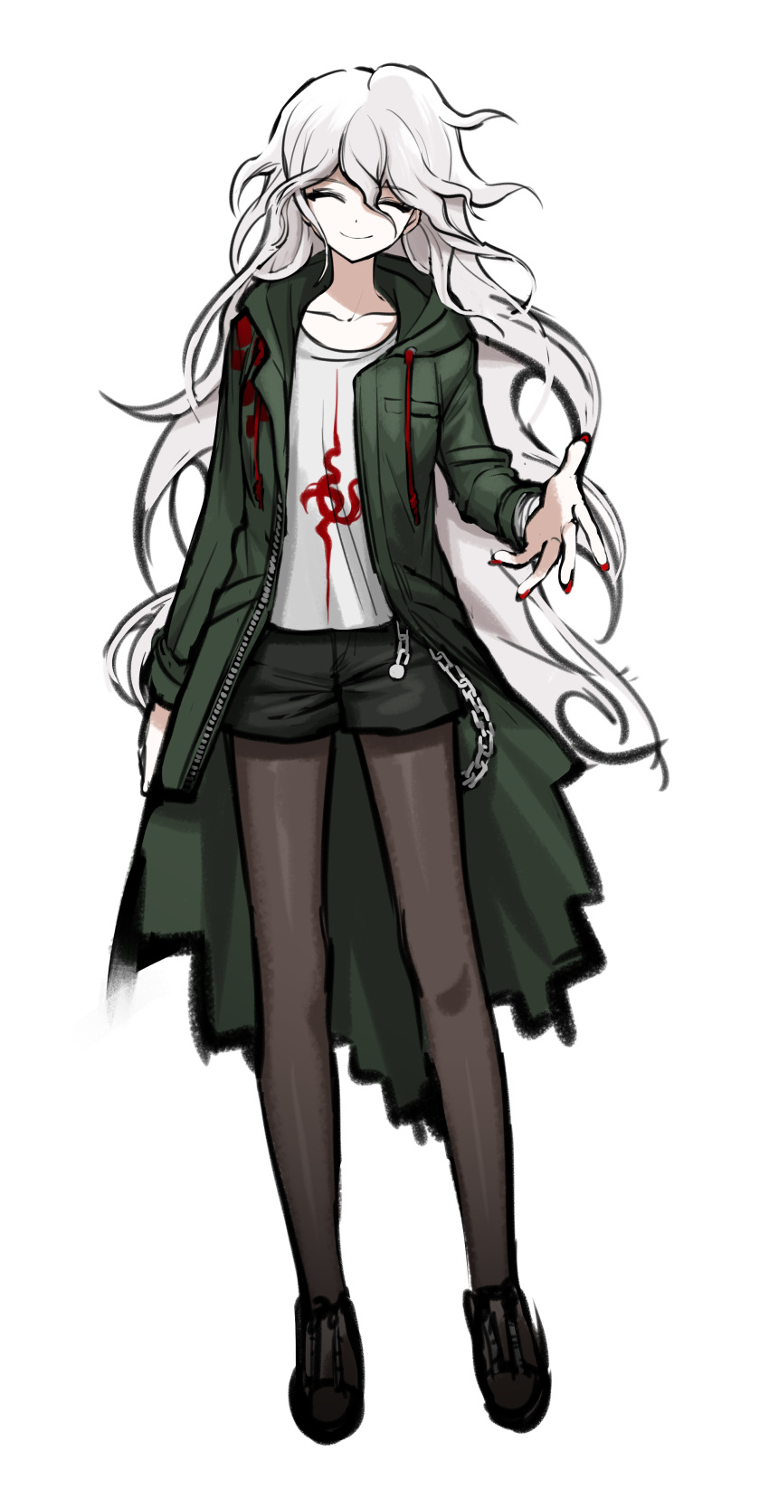 1girl, absurdres, bangs, black_shorts, brown_legwear, coat, collarbone, dangan_ronpa_(series), dangan_ronpa_2:_goodbye_despair, facing_viewer, full_body, genderswap, genderswap_(mtf), green_coat, grey_background, grey_hair, hand_up, highres, hood, hood_down, hooded_coat, komaeda_nagito, long_hair, long_sleeves, messy_hair, no_(xpxz7347), open_clothes, open_coat, pale_skin, pantyhose, print_shirt, shirt, shoes, shorts, simple_background, solo, white_background, white_shirt