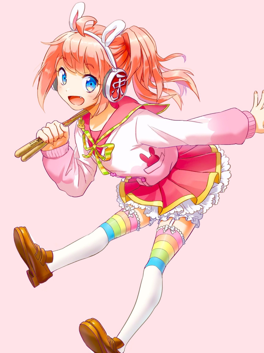 1girl, :d, blue_eyes, bunny_headphones, cardigan, drumsticks, fang, frilled_skirt
