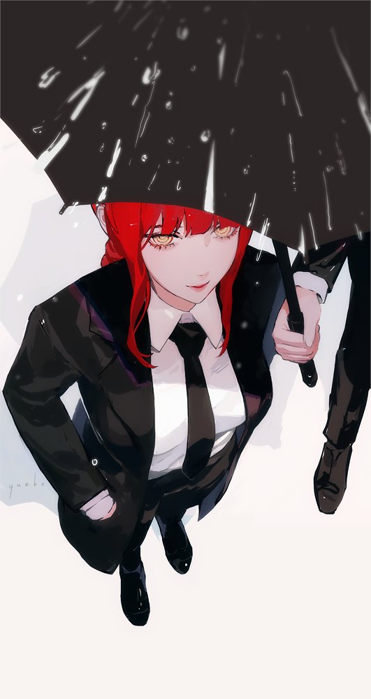 1girl, bangs, black_footwear, black_jacket, black_neckwear, black_pants, braid, braided_ponytail, breasts, business_suit, chainsaw_man, closed_mouth, collared_shirt, commentary, english_commentary, formal, hands_in_pockets, holding, holding_umbrella, jacket, long_sleeves, looking_at_viewer, makima_(chainsaw_man), medium_breasts, medium_hair, necktie, office_lady, pants, rain, redhead, ringed_eyes, shirt, shoes, sidelocks, simple_background, smile, solo_focus, suit, umbrella, water, wet, white_background, white_shirt, yellow_eyes, yueko_(jiayue_wu)