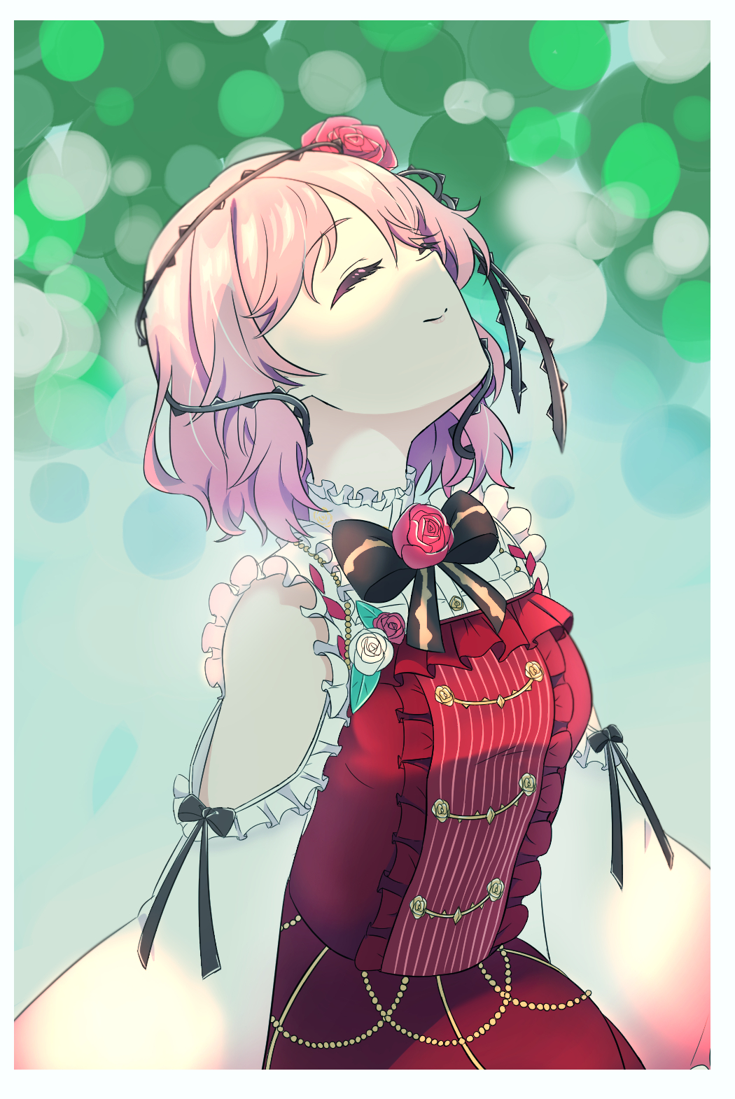 1girl, bangs, black_bow, bow, breasts, closed_eyes, clothing_cutout, dress