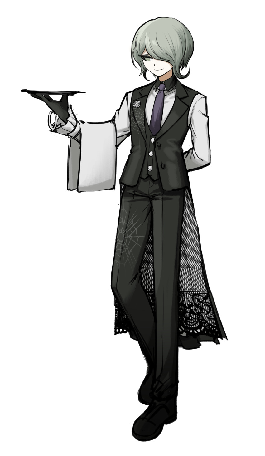 1boy, absurdres, arm_behind_back, bangs, black_gloves, black_pants, black_vest, collared_shirt