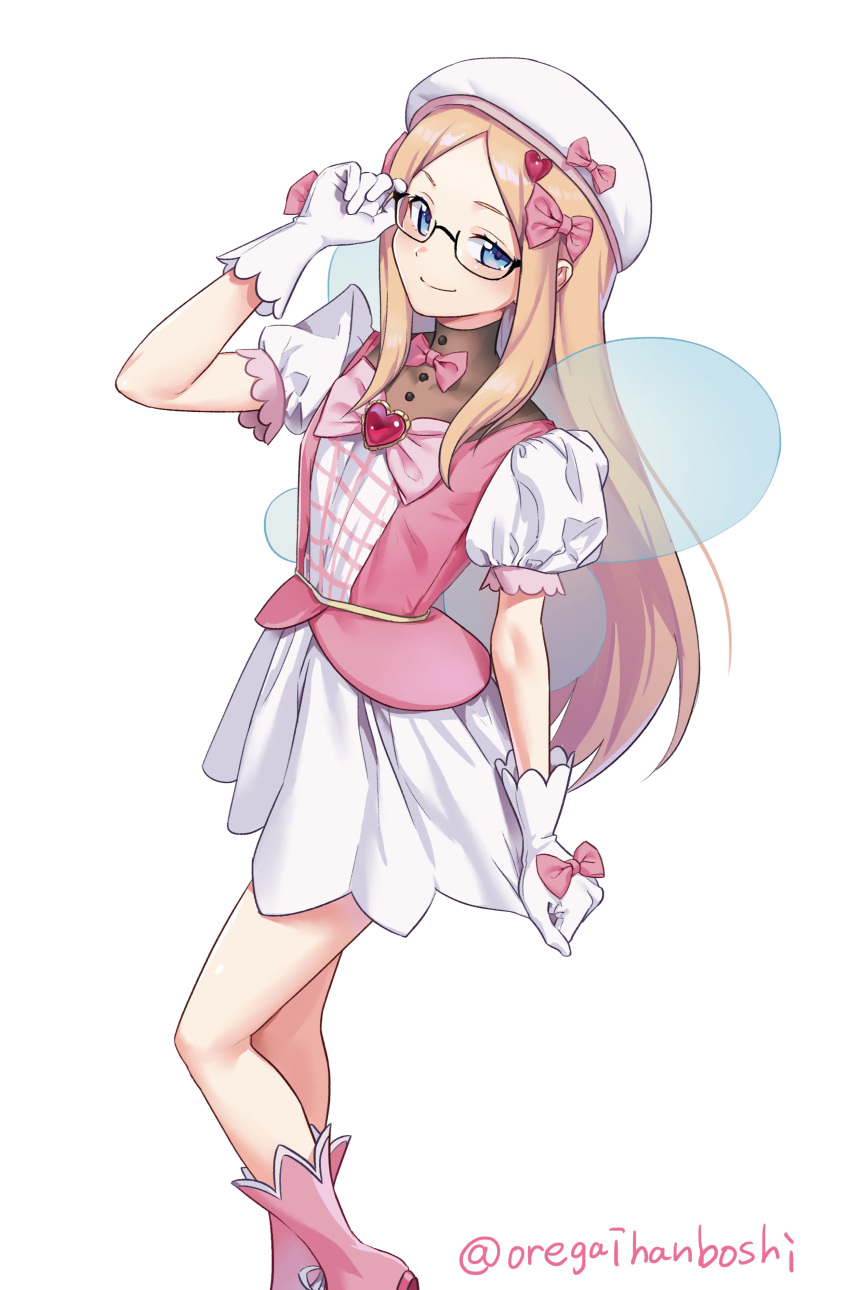 1girl, absurdres, ankle_boots, beret, blonde_hair, blue_eyes, blush, boots