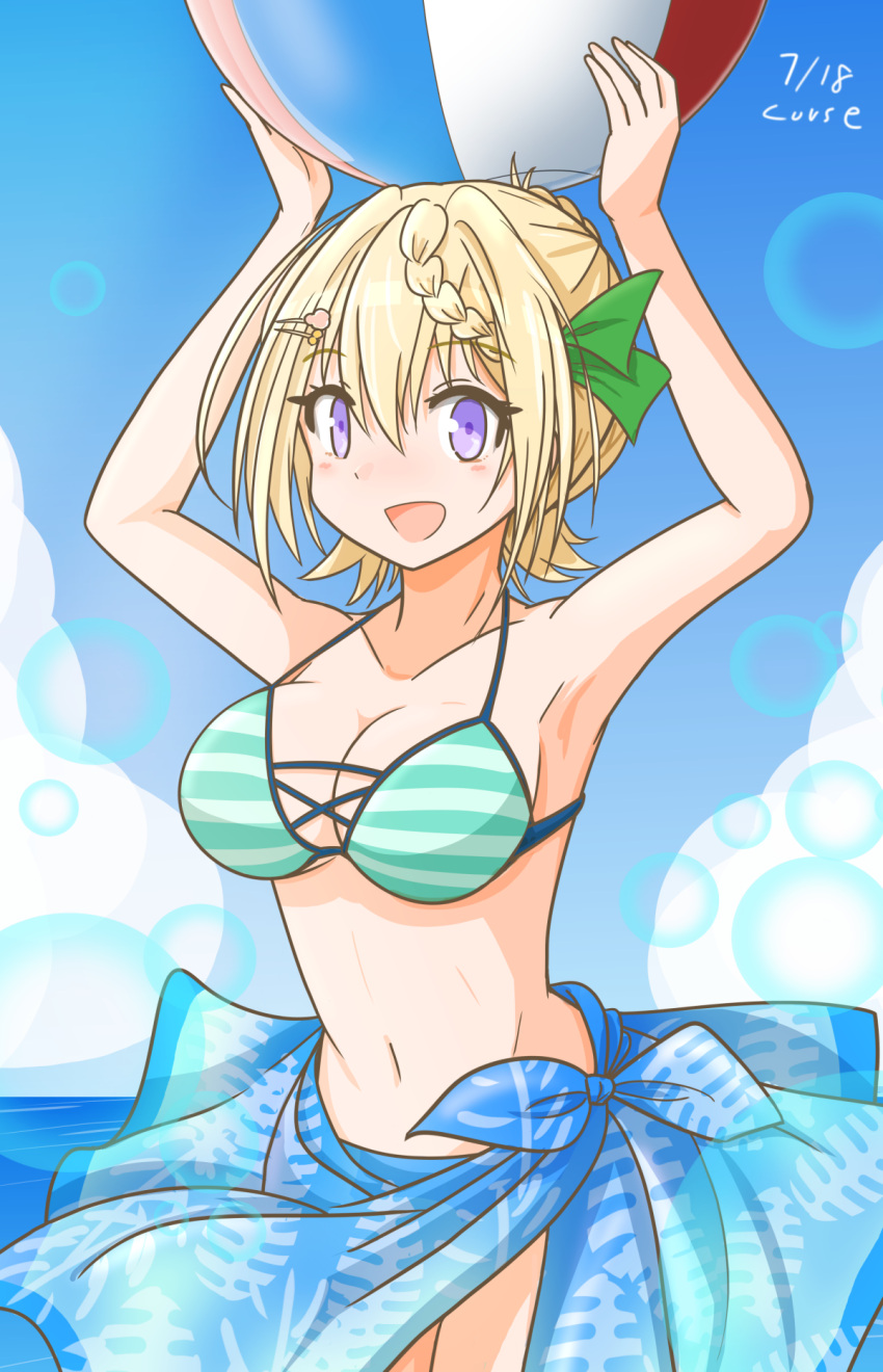 1girl, ball, beachball, bikini, blonde_hair, blue_sky, braid, braided_bangs