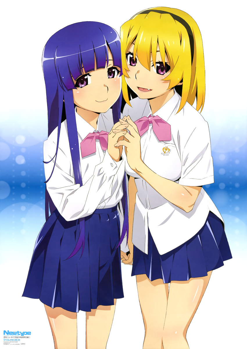 2girls, absurdres, bangs, blonde_hair, blue_skirt, breasts, collared_shirt, fang