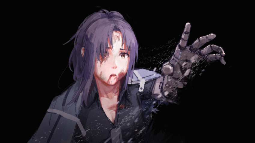 1girl, absurdres, angelia_(girls_frontline), black_background, black_shirt, blood, brown_eyes, girls_frontline