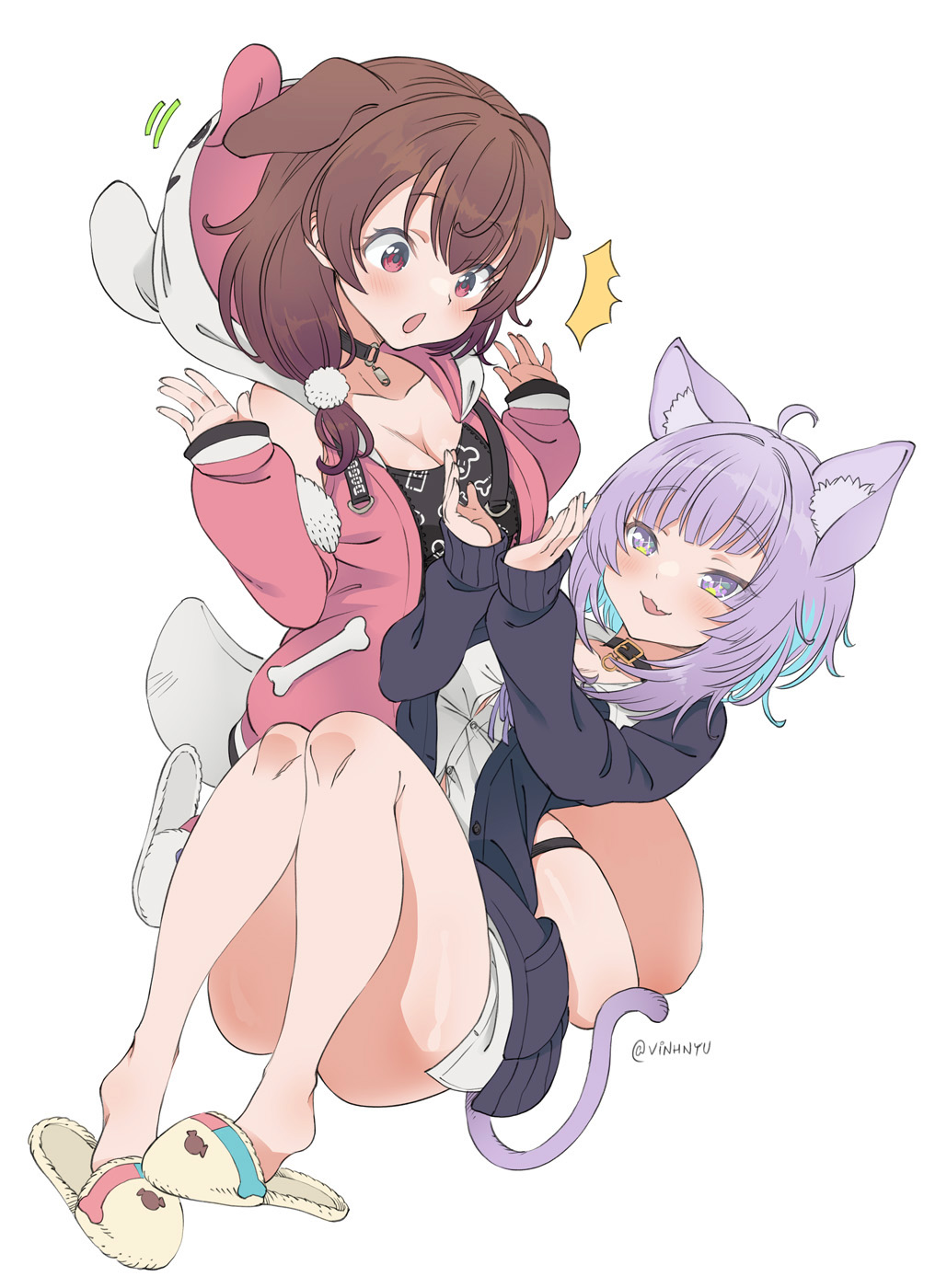 2girls, ^, ^^^, animal_hood, blush, brown_hair, cat_girl, cat_tail, closed_eyes, detached_sleeves, dog_hood, full_body, fur-trimmed_sleeves, fur_trim, highres, hololive, hood, hood_down, inugami_korone, lap_pillow, multiple_girls, nekomata_okayu, pink_sleeves, pink_vest, purple_hair, simple_background, slippers, tail, twitter_username, vest, vinhnyu, white_background, yuri