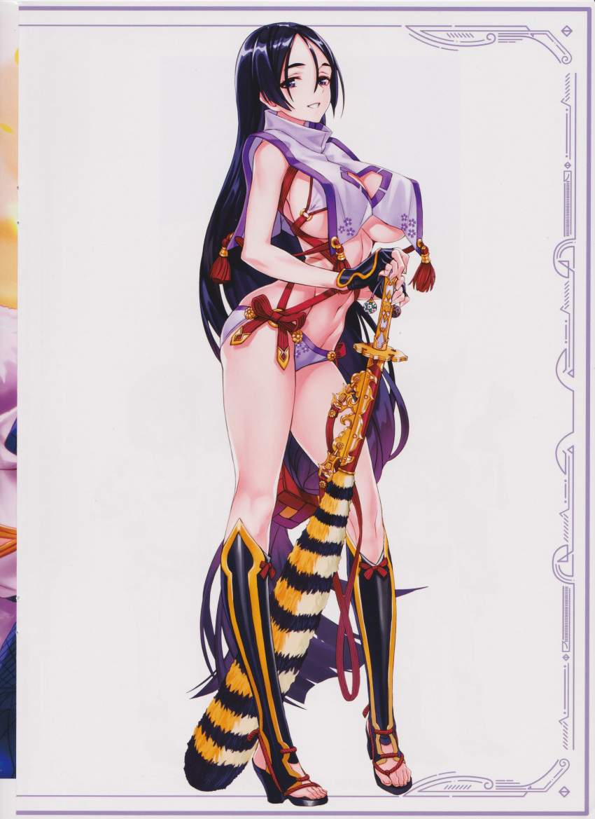 1girl, absurdres, bangs, bikini, breasts, clothing_cutout, fate/grand_order, fate_(series), fingerless_gloves, full_body, gloves, hair_ornament, high_heels, highres, holding, huge_filesize, katana, large_breasts, long_hair, looking_at_viewer, low-tied_long_hair, matsuryuu, minamoto_no_raikou_(fate), minamoto_no_raikou_(swimsuit_lancer)_(fate), navel, parted_bangs, purple_hair, scan, sheath, sheathed, shiny, shiny_hair, simple_background, smile, solo, standing, stomach, swimsuit, sword, thighs, toeless_footwear, toes, very_long_hair, violet_eyes, weapon, white_background